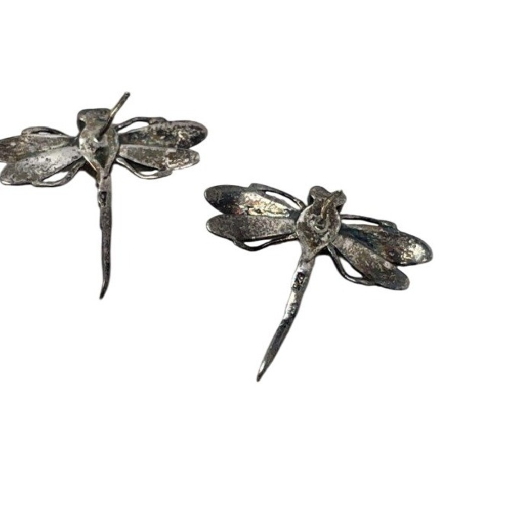 Vintage 925 Sterling Silver Dragonfly Stud Earrings Green Stone Red Eyes 2.5cm - Picture 2 of 4